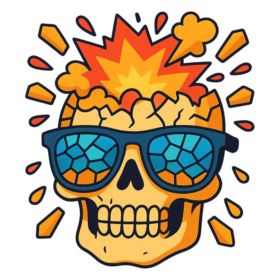 Enhance the skull with mosaic sunglasses, making the head explosion more detailed and vivid in a cartoonish style with vibrant toon aesthetics. sticker