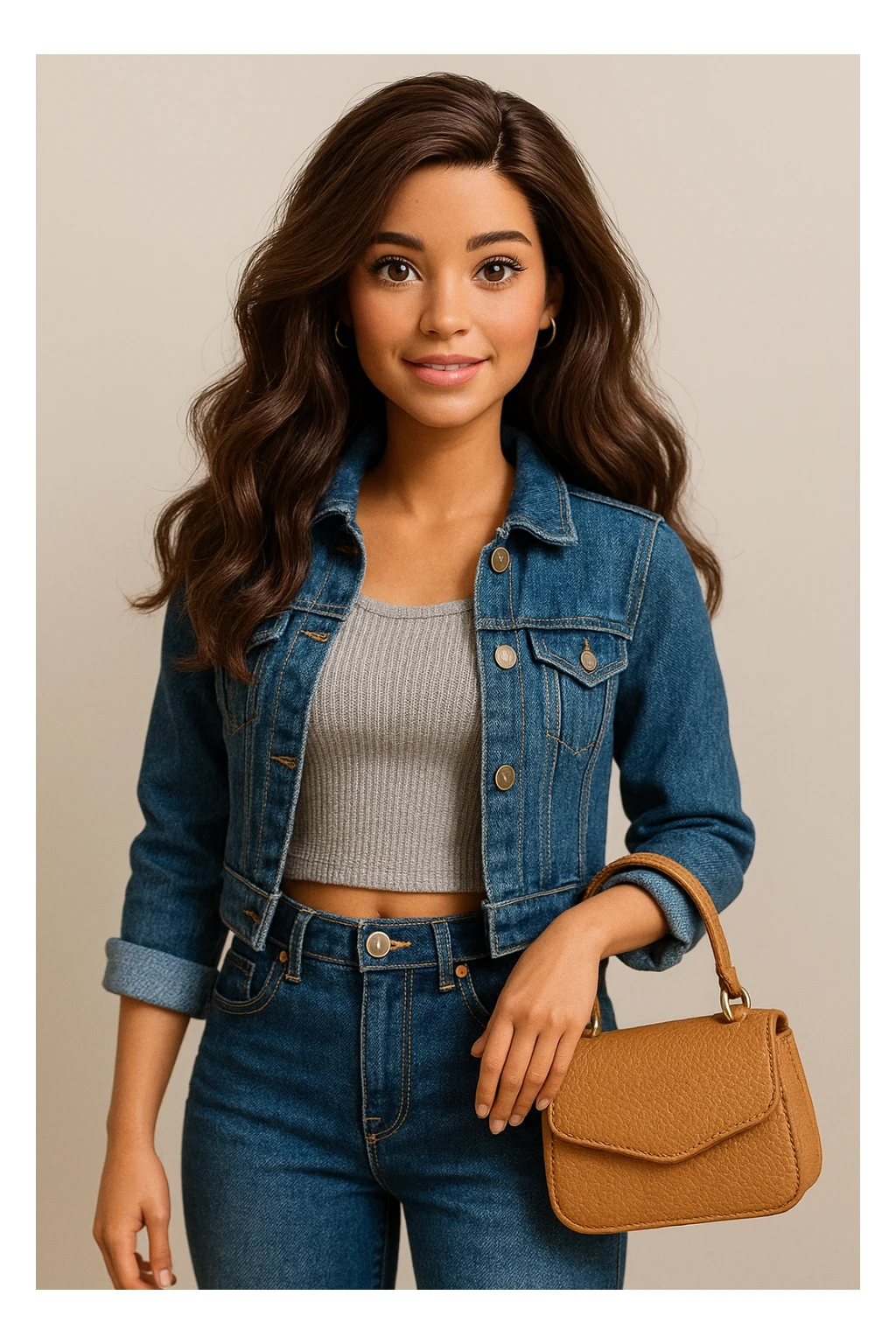 Barbie with wavy brunette hair, trendy outfit, holding a purse, friendly expression sticker