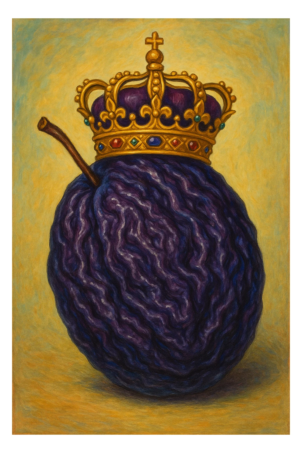 a prune with a crown, detailed, vibrant colors sticker