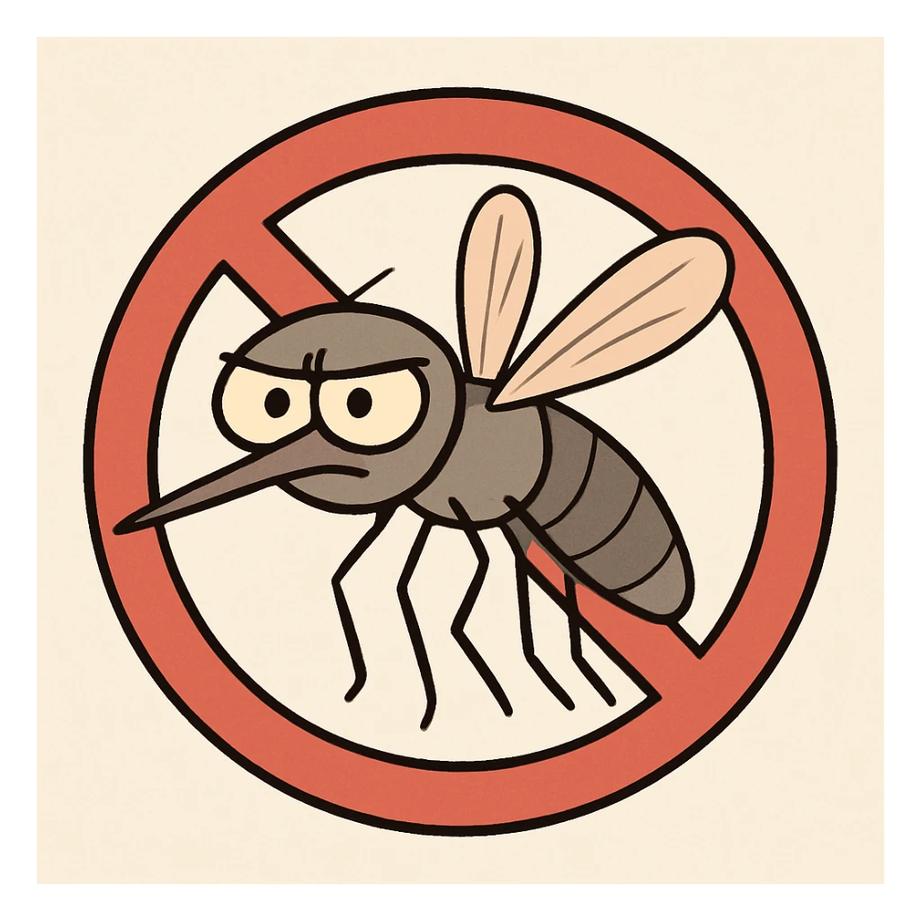 minimal cartoon mosquito inside a bold red circle with diagonal line, clear and easy to understand, simple cartoon style sticker
