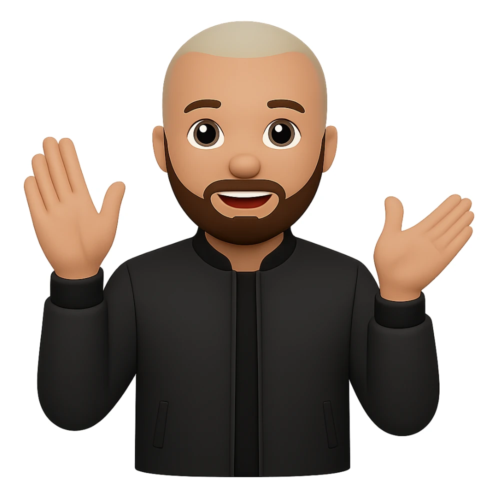 Remove the background, make the man's skin tone a little bit darker, and make his beard black. The style should resemble emoji style with concise details and colors as typical emoji art. sticker