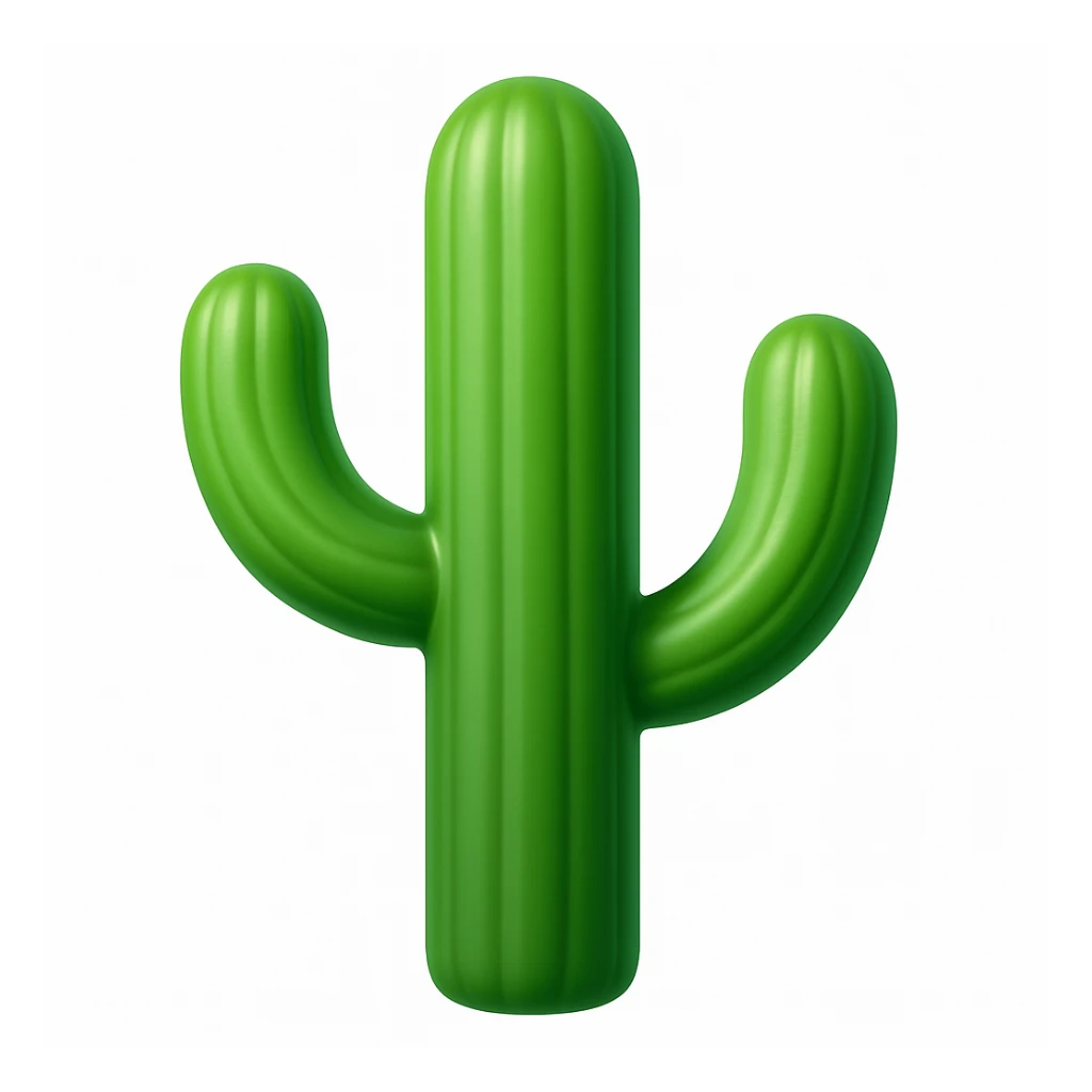 Create a cactus emoji that looks exactly like the reference image in iOS emoji style. The emoji should have 3D appearance, shiny surface, smooth gradients, soft shadows, and a realistic cactus shape with a classic emoji look. Add a glossy effect to the cactus surface. sticker