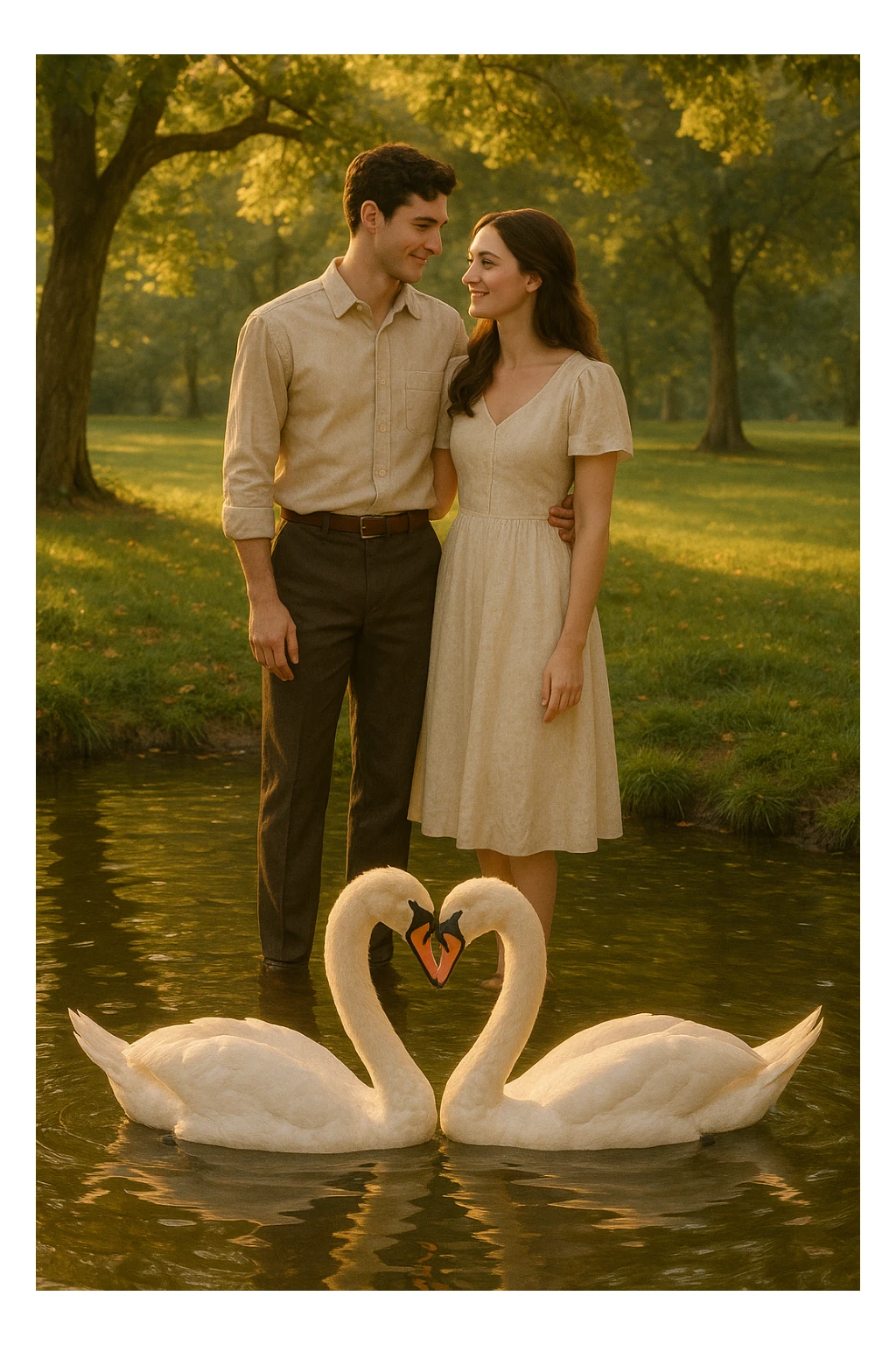 Vertical format: A man and woman in a park looking at two swans forming a heart with their necks, the couple exchanging a tender glance, romantic atmosphere. sticker