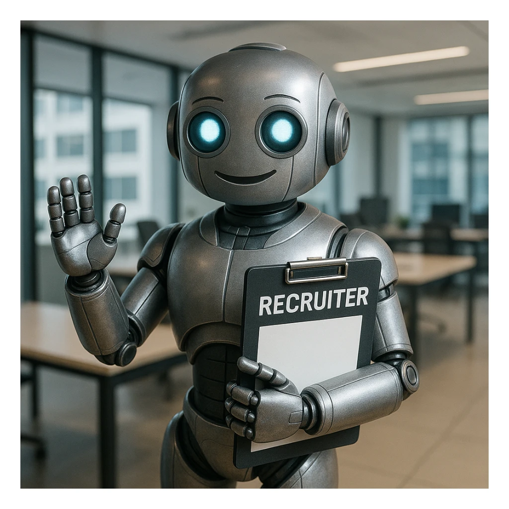 a friendly recruiter robot, professional, metallic, with a clipboard, in a modern office setting sticker