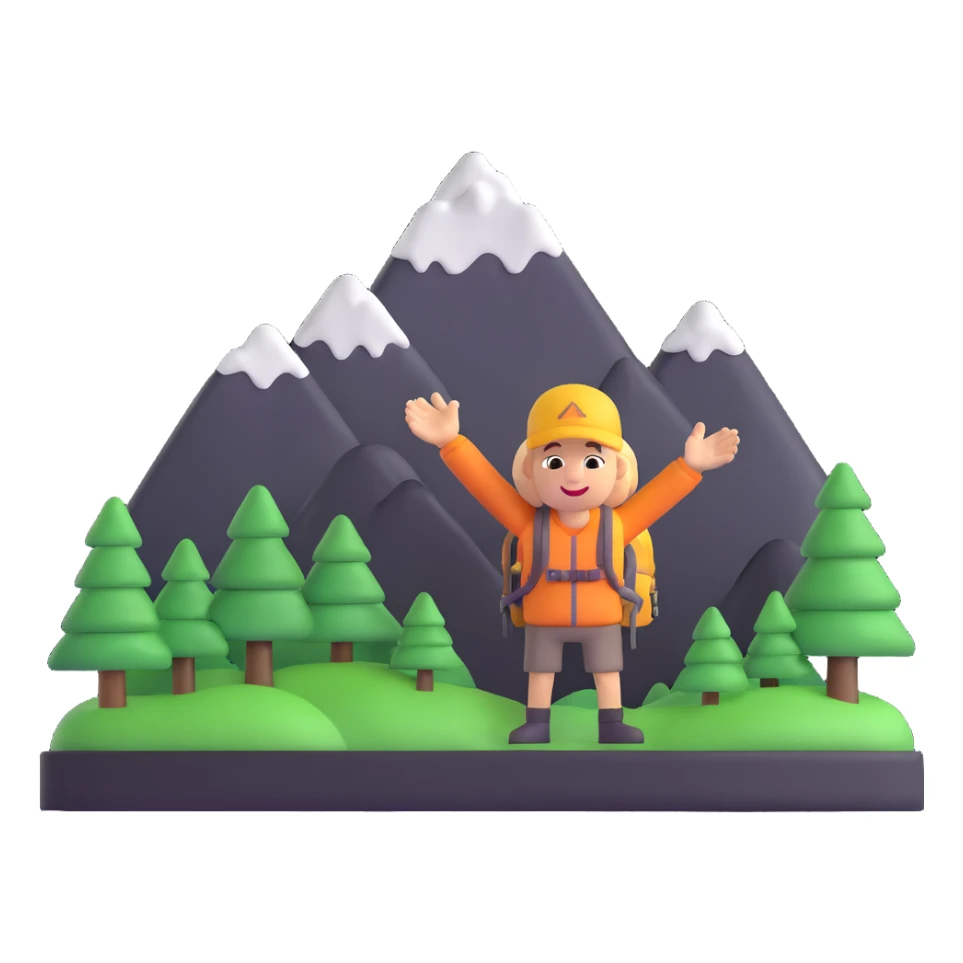 3d emoji of a hiker waving with a mountain in the background sticker