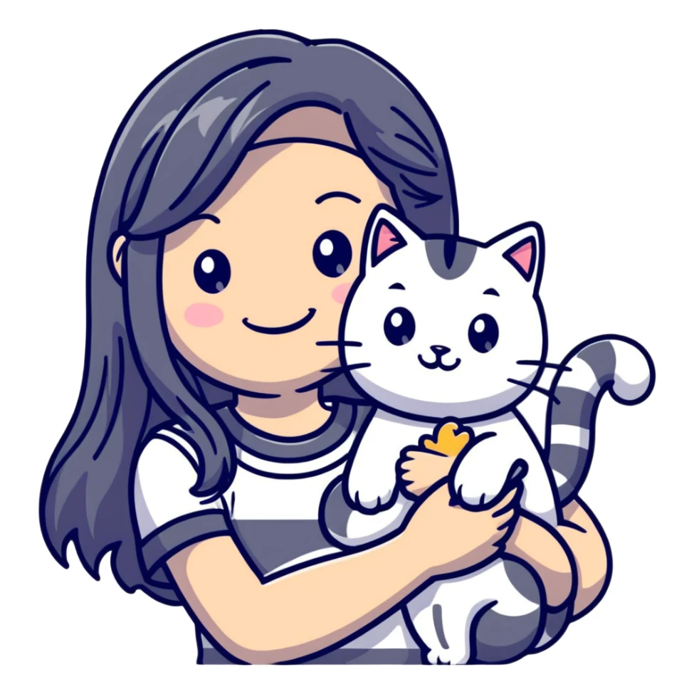 smiling girl with long hair holding a cat with silver stripes sticker