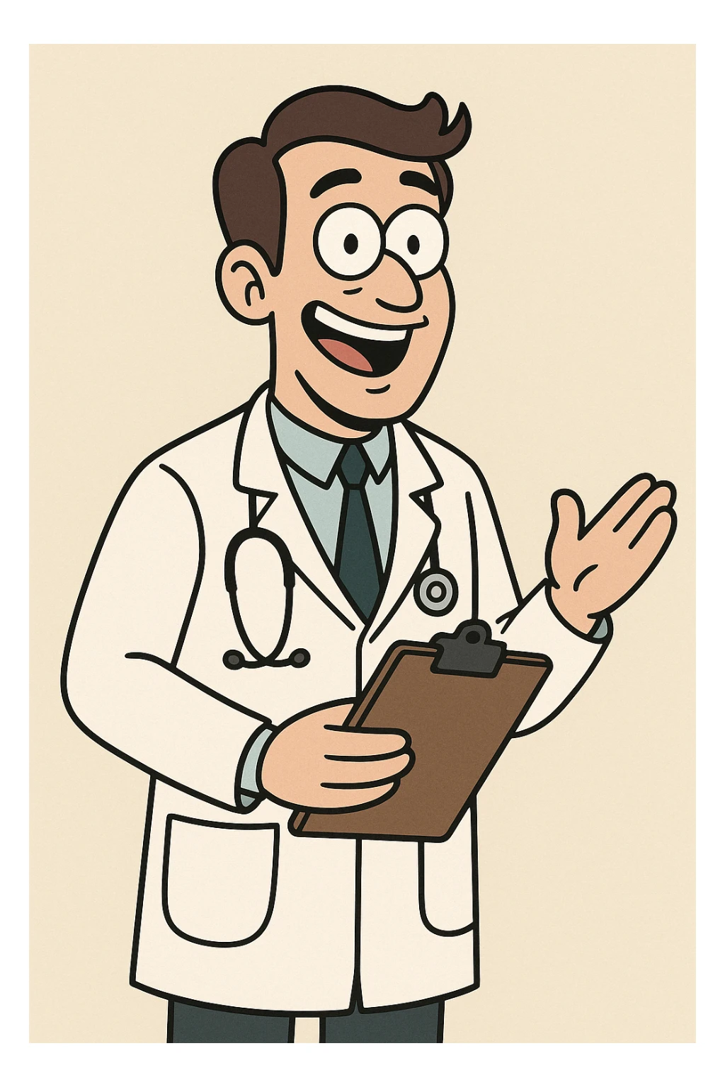 doctor, cartoon style, holding clipboard, smiling, white coat sticker