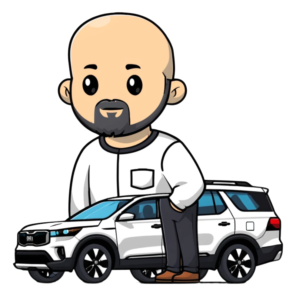 bald man with beard standing next to a white Kia Mohave SUV sticker