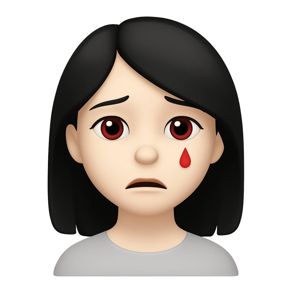 Make the character look like the official Apple emoji style. Replace the lots of blood with a single small red tear. Keep her pale skin, black straight hair, and a subtle sad expression. The style should mimic the Apple emoji style closely. sticker