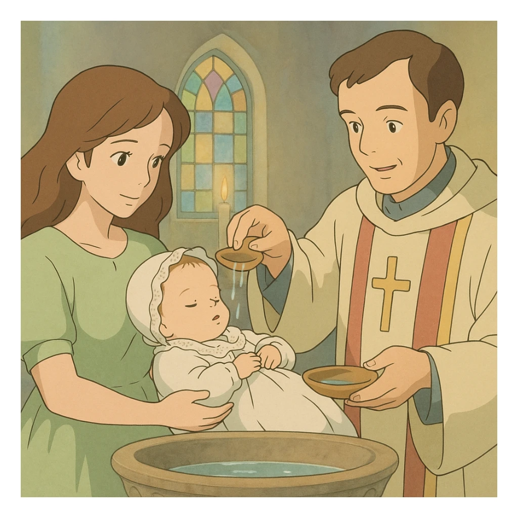 Christian baptism scene, gentle pastel colors, ghibli style sticker