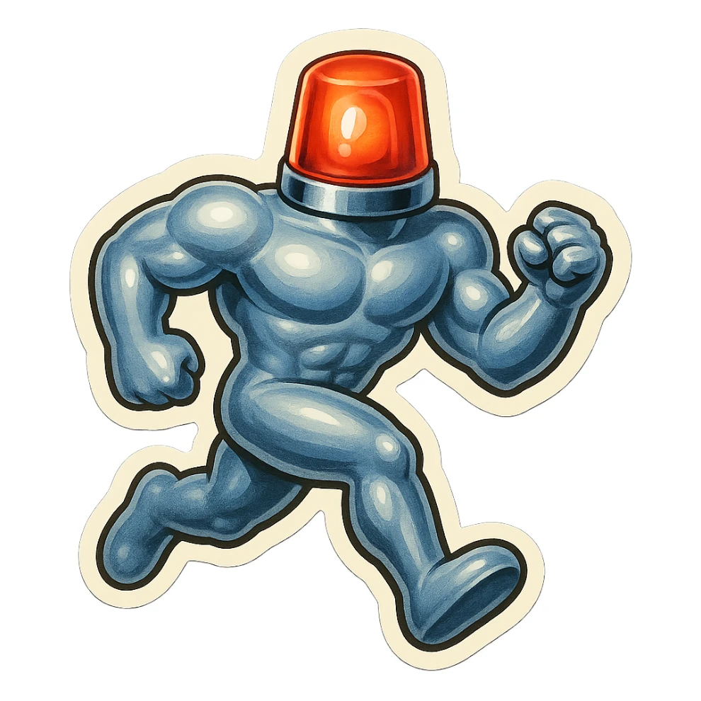 silver muscular robot with a red police light head, running forward, retro stickers style sticker