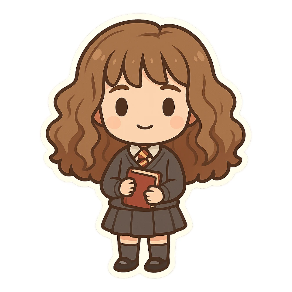 cute chibi character inspired by Hermione Granger with the same proportions as Luna Lovegood chibi, voluminous brown hair, Hogwarts uniform including sweater, tie, skirt, socks, and shoes, holding a book, transparent background, same style as references sticker