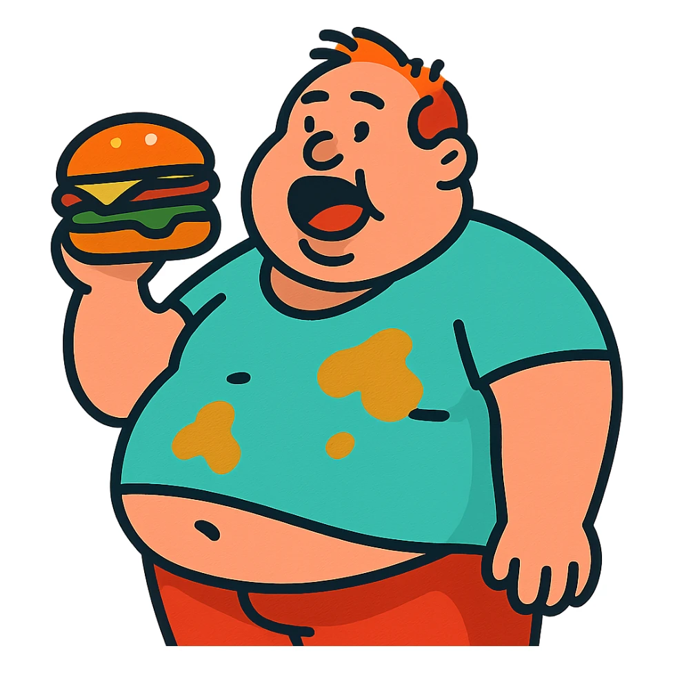 fat man with a shirt that doesn't fit him and has grease stains, holding a burger sticker