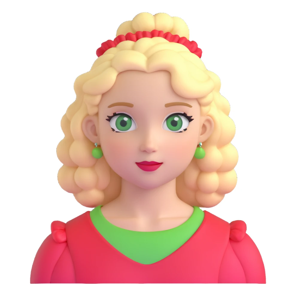 character with blonde, curly shoulder-length hair tied back with a red scrunchie, pale white skin, pale green eyes sticker