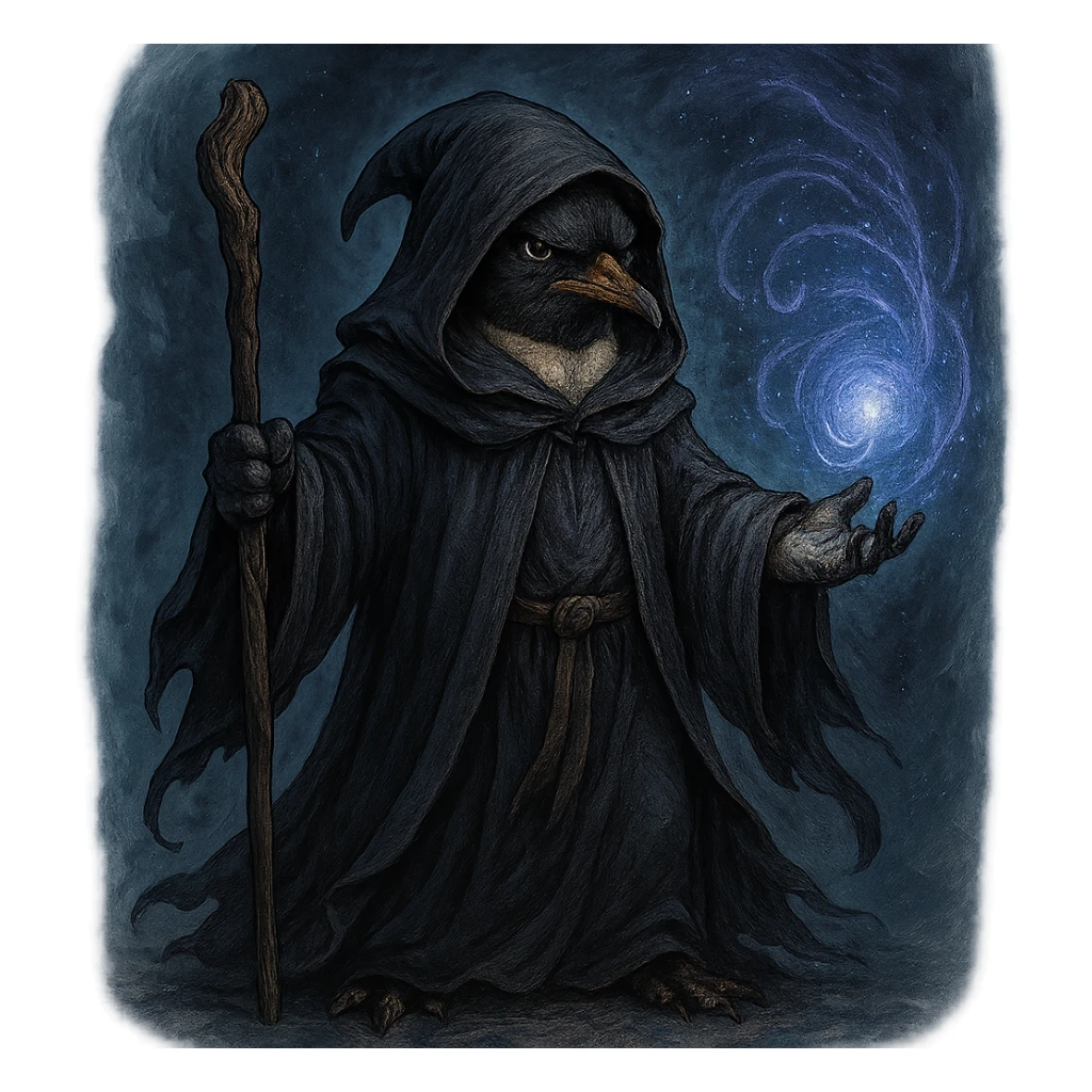 serious penguin wizard in a robe, casting a spell, mystical background, detailed illustration sticker