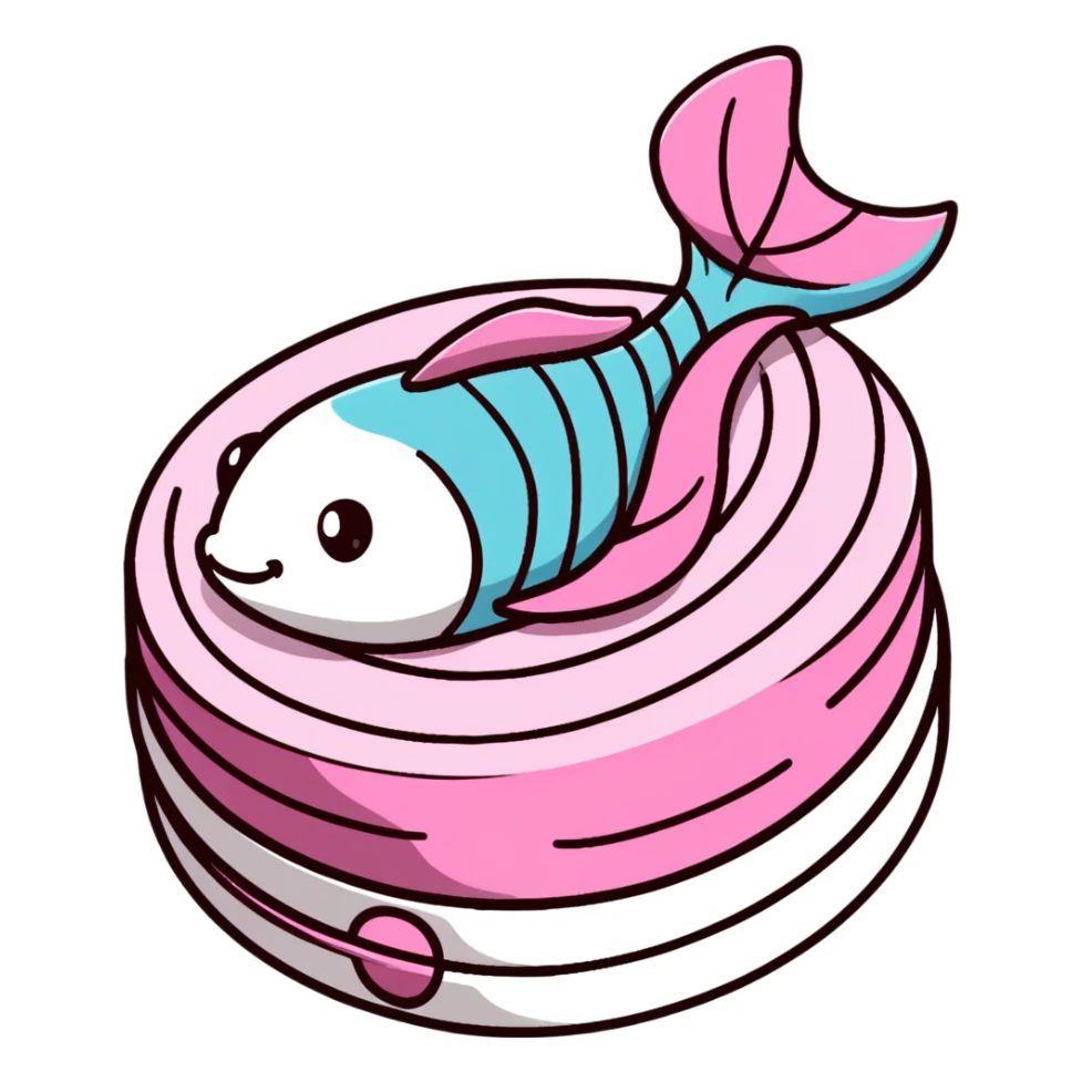 cute fish cake with pink swirl, white base with pink spiral pattern, narutomaki, kawaii Japanese food sticker