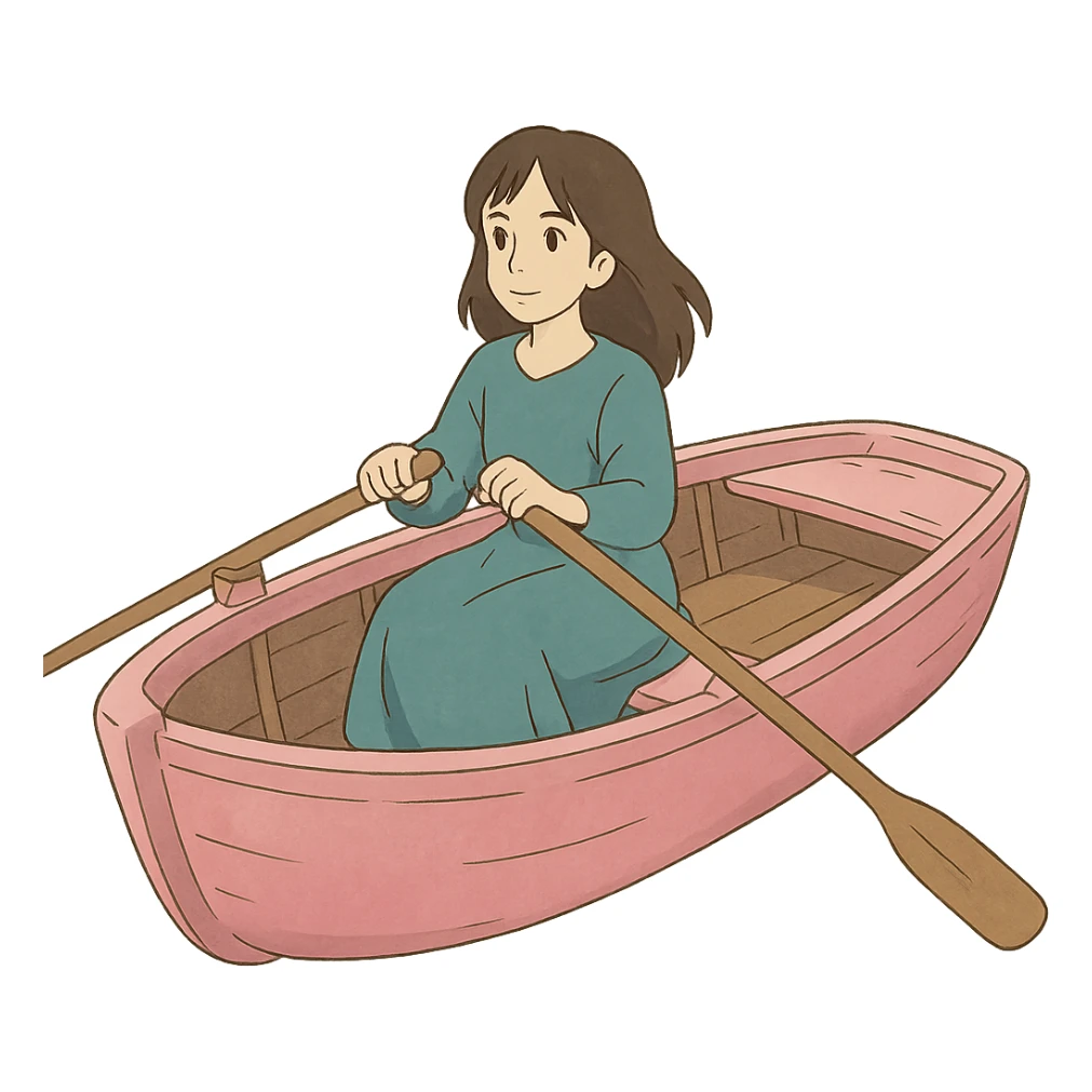 woman rowing a pink boat in ghibli style sticker