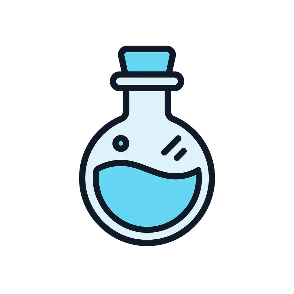 minimalist and serious Discord role icon of a stylish potion bottle with a round bottom, suspended in the air, glassy and clean, #6fe8f3 as the main color sticker