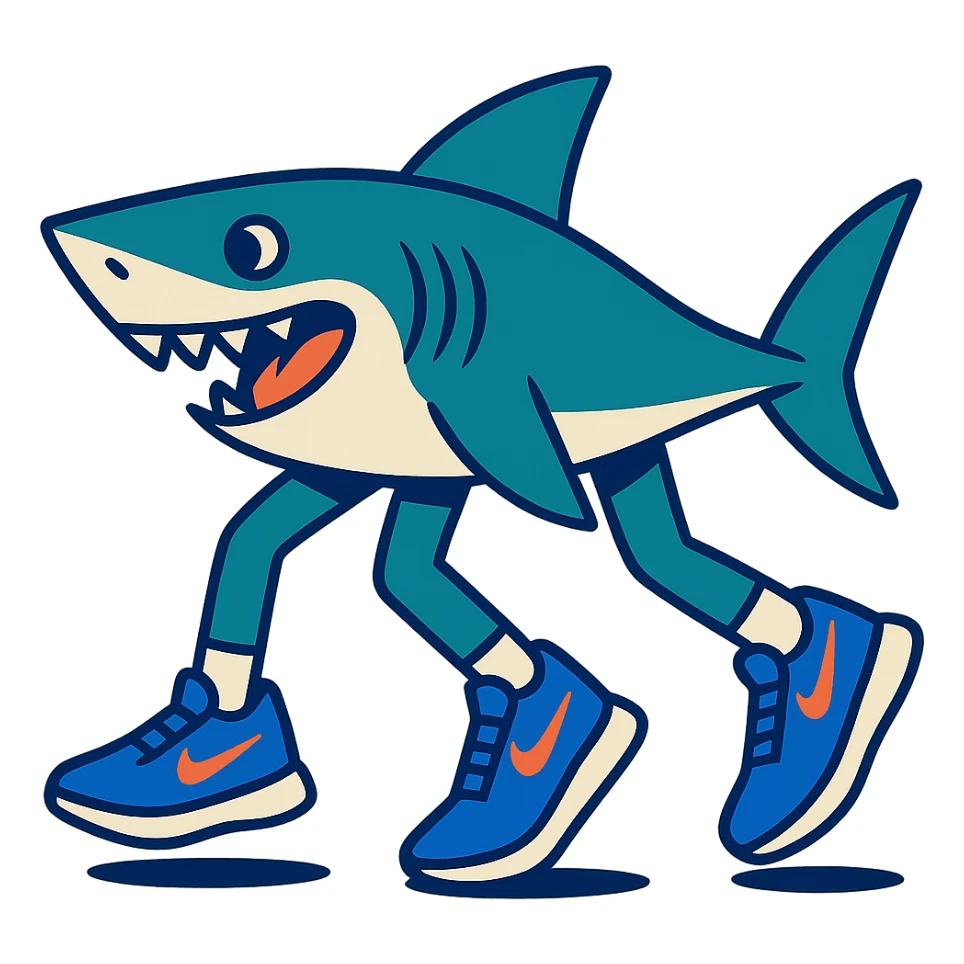 a whimsical shark with three legs, blue Nike tennis shoes on each, dynamic and sporty sticker