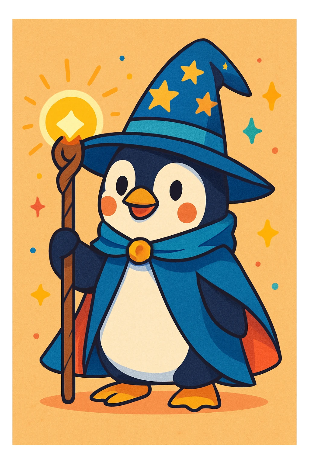 a penguin dressed as a wizard, with a pointy hat and a magic staff, fun whimsical style, colorful vibrant toon illustration sticker