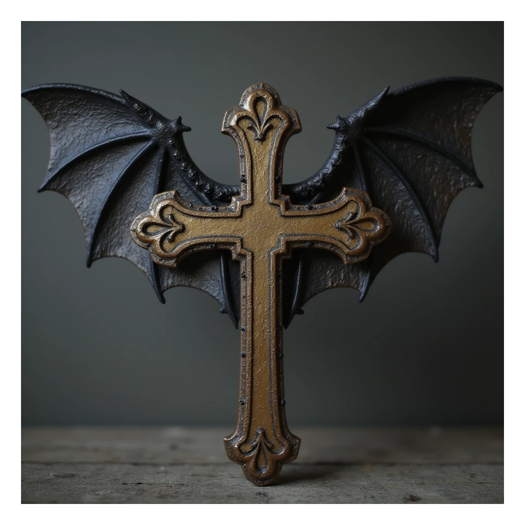 realistic gothic cross, with bat wings, photorealistic style sticker