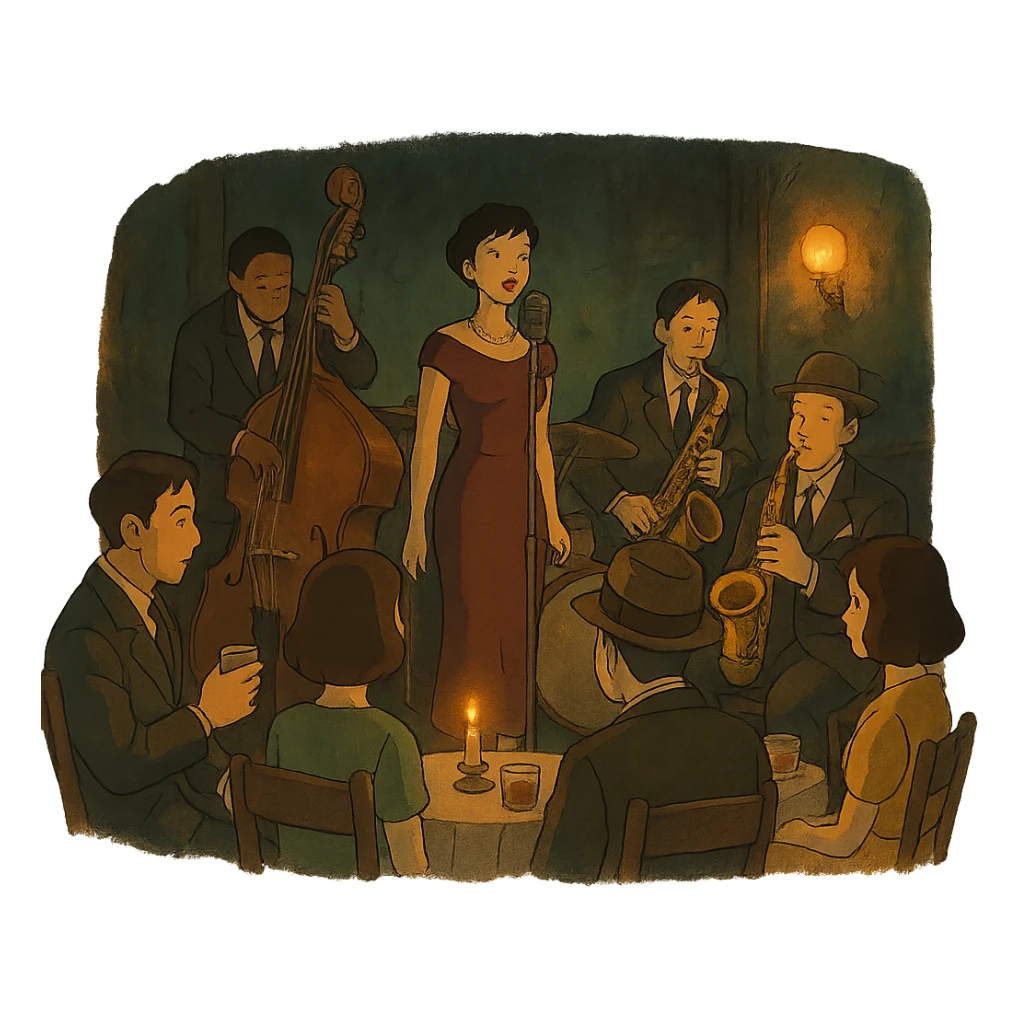 1940s jazz nightclub scene, ghibli style, moody lighting, no text sticker