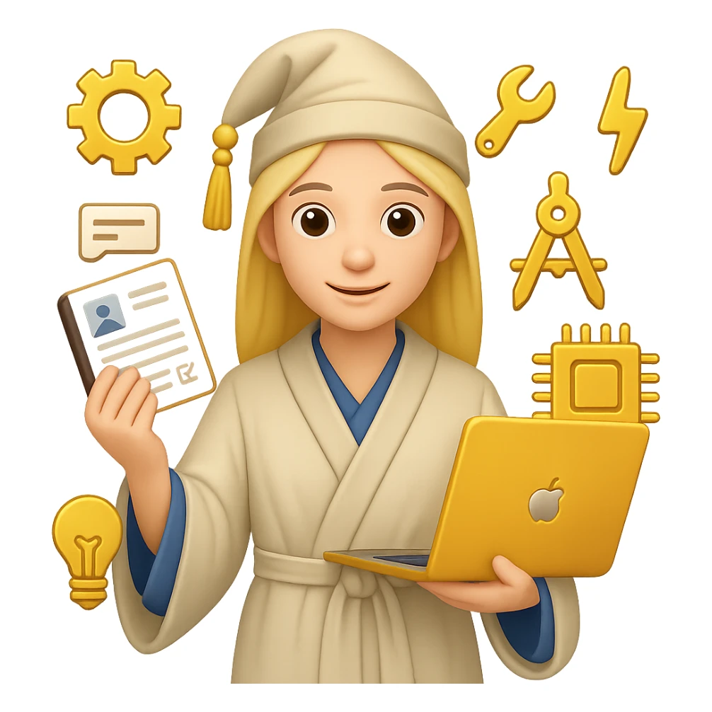Create an emoji style image of a wizard in a white cloak, holding a resume and a laptop, surrounded by engineering icons. The engineering icons should be gold in color. The style should reflect the look of apple style emojis with concise details and vibrant colors. sticker