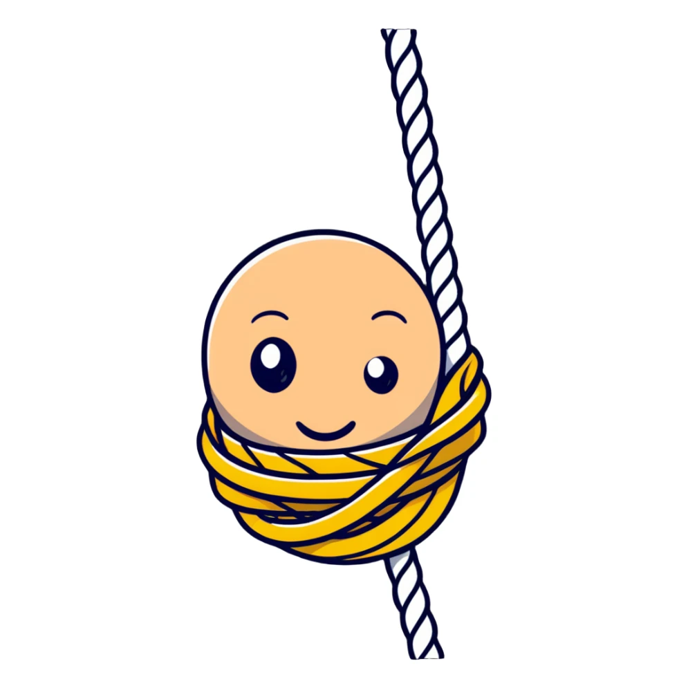 A funny cartoon character completely entangled in rope with just their face peeking out, looking silly sticker