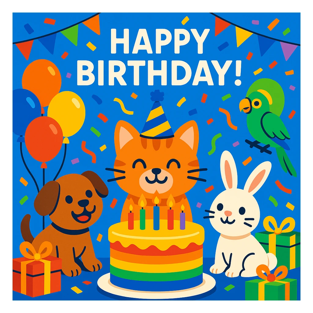 birthday party scene with a rainbow color theme including rainbow balloons, multicolored decorations, confetti, a large rainbow birthday cake, gifts, and a festive atmosphere; main character is a ginger tabby kitten wearing a birthday hat, surrounded by a puppy, bunny, and parrot also celebrating; include a prominent 'Happy Birthday!' message sticker