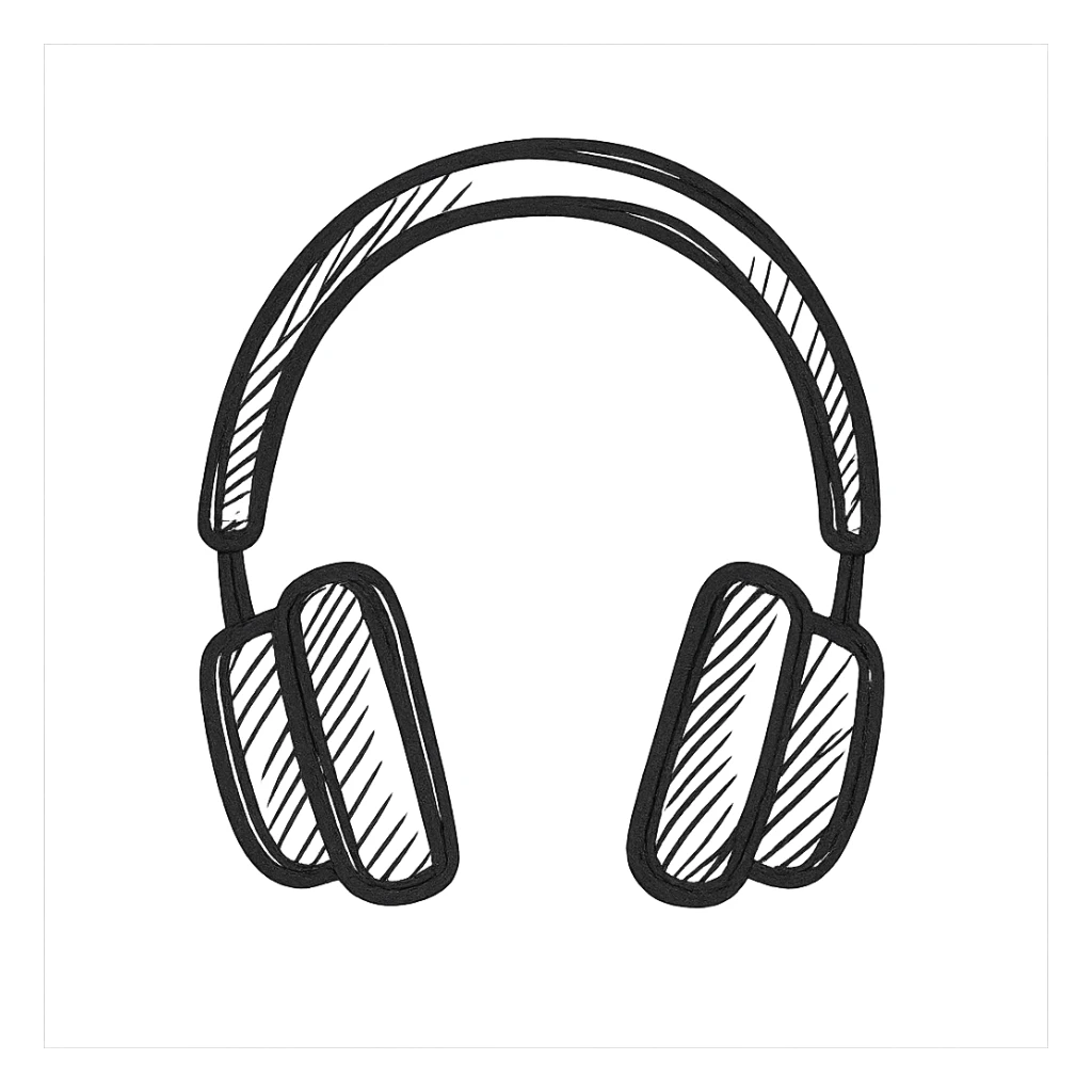 Over-ear headphones, black outlined, white fill, hand drawn style sticker