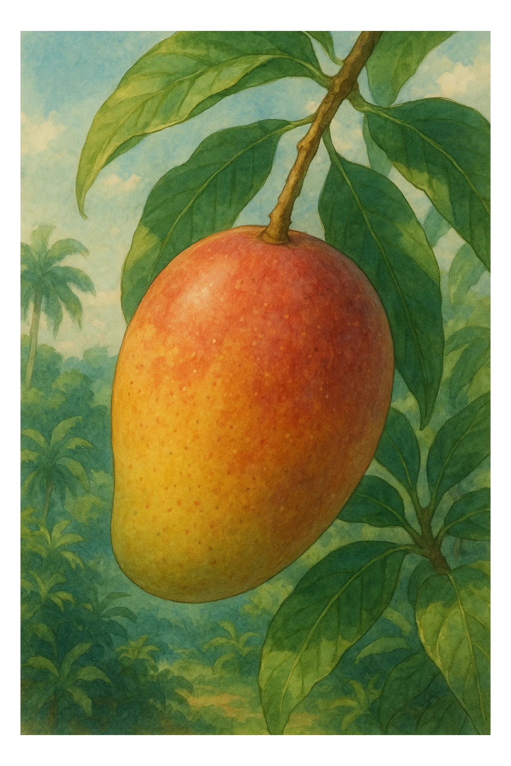 tropical mango tropical fruit, detailed, soft lighting, beautiful illustration sticker