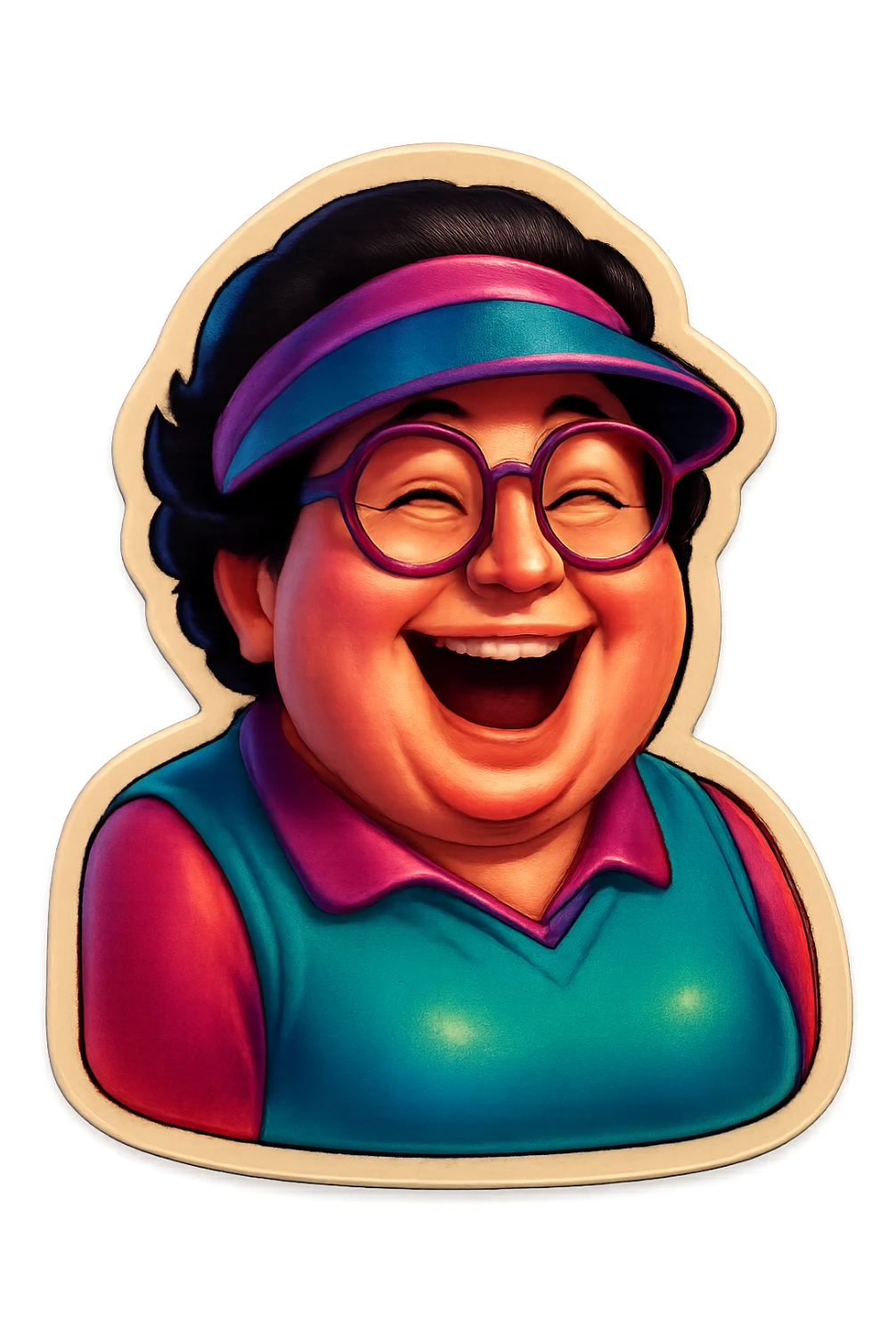 Extract the central character with glasses and a visor from the image, place it on a transparent background, and keep the original cartoon style and appearance consistent with the retro stickers style. sticker