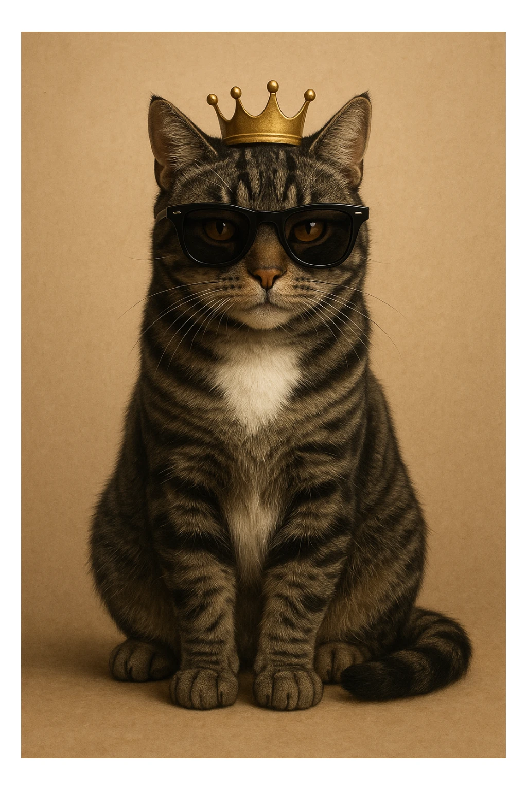 photo-realistic digital illustration of a Mackerel tabby cat with dark grey fur, narrow black stripes, amber eyes, and a distinct white patch on its chest. The cat is sitting naturally and calmly, facing slightly forward. A small golden crown rests on its head, and it is wearing black sunglasses. The cat appears lifelike, highly detailed, and realistic. sticker