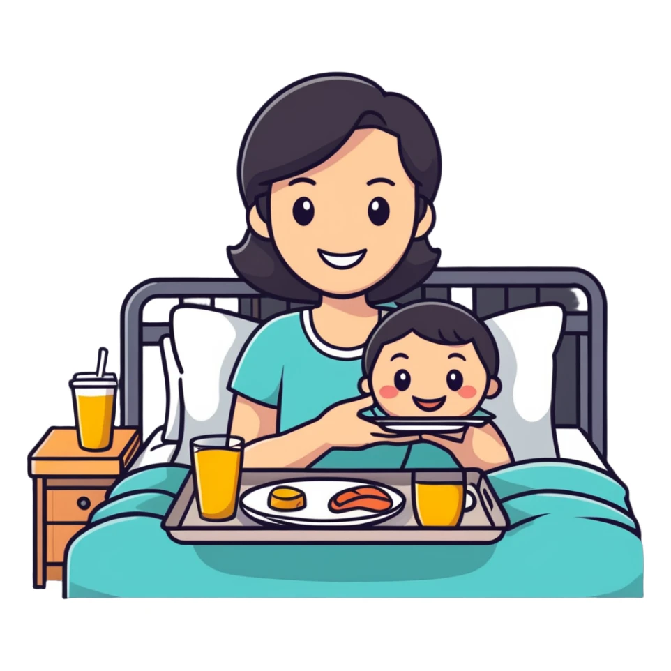 Mother's Day sticker, breakfast in bed for mom, playful, cartoon style sticker