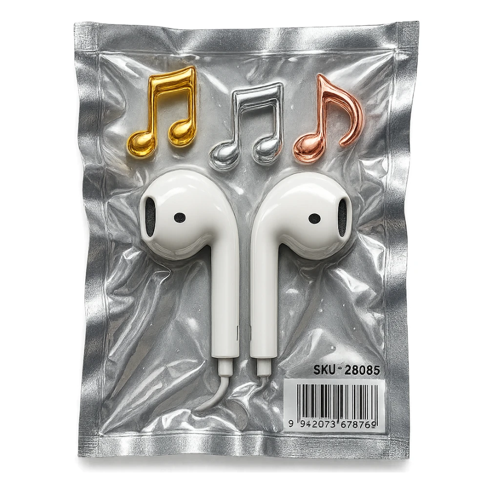 pair of white EarPods with three floating glass music notes in gold, silver, and rose gold, shiny and puffy sticker