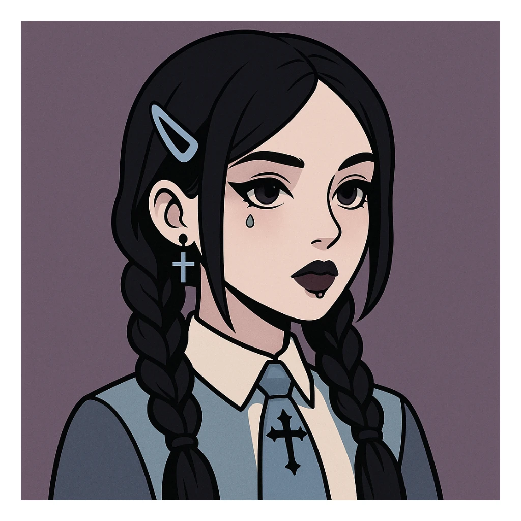 Make this pastel goth profile picture more goth, keep it cute, expressive, and minimal, in the style of imagen-4-fast-KaUtLiSA10F. Enhance goth elements with subtle dark tones and pastel goth aesthetics while maintaining cuteness and expressiveness with minimalistic design. sticker