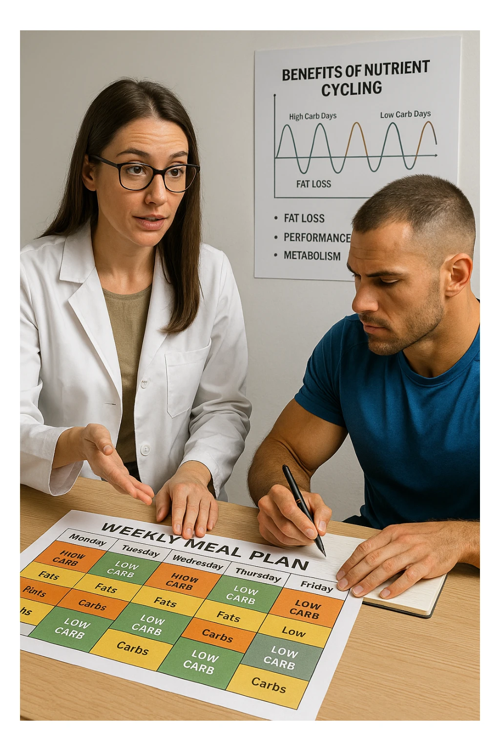 a nutritionist explains to an athlete how to cycle macronutrients for fat loss and training. On the desk, a weekly meal planner shows alternating high-carb and low-carb days, with color-coded sections for proteins, fats, and carbs. The athlete takes notes, and a chart in the background illustrates the benefits of nutrient cycling. The mood is professional and educational. scritto in italiano sticker