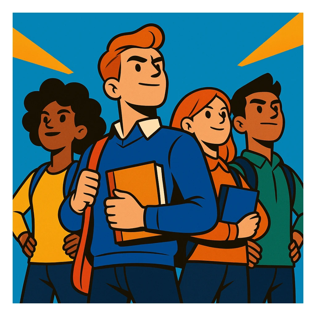 group of confident students standing tall, looking heroic sticker