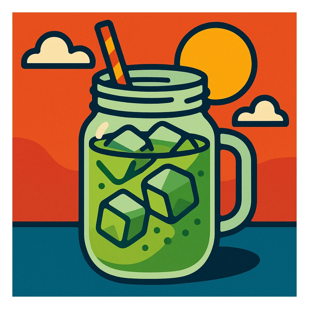 ice matcha latte in a mason jar, visible ice cubes, light green color, summer drink vibe sticker