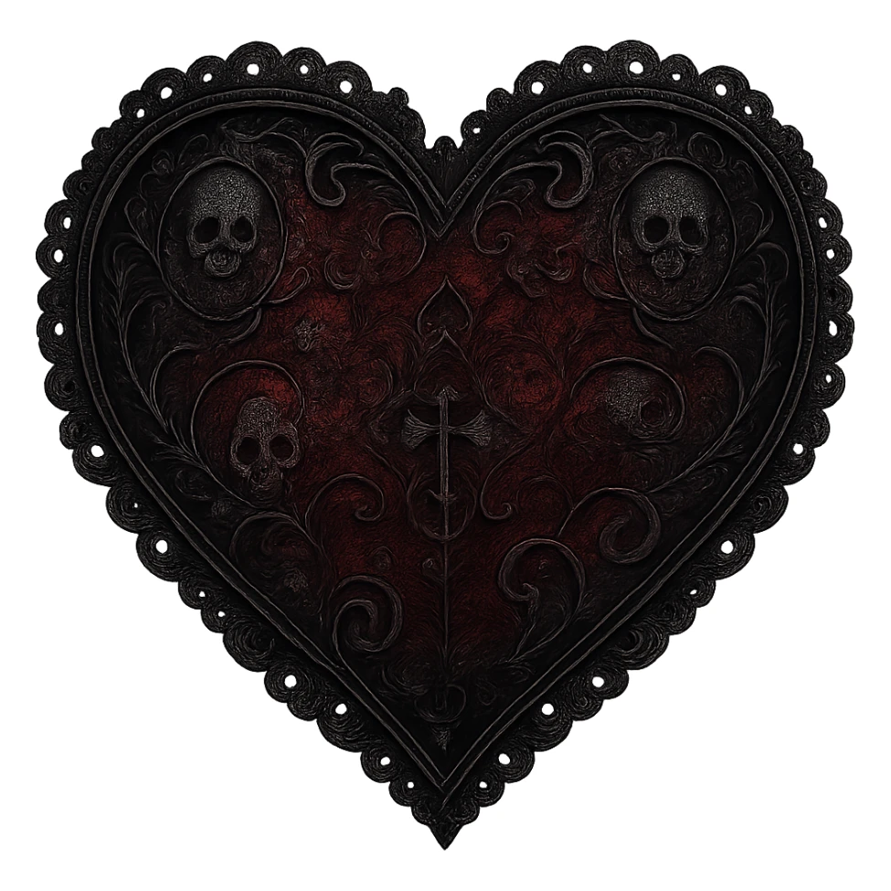 goth heart, black and deep red, ornate lace, subtle skull or cross motif, moody atmosphere, no background sticker