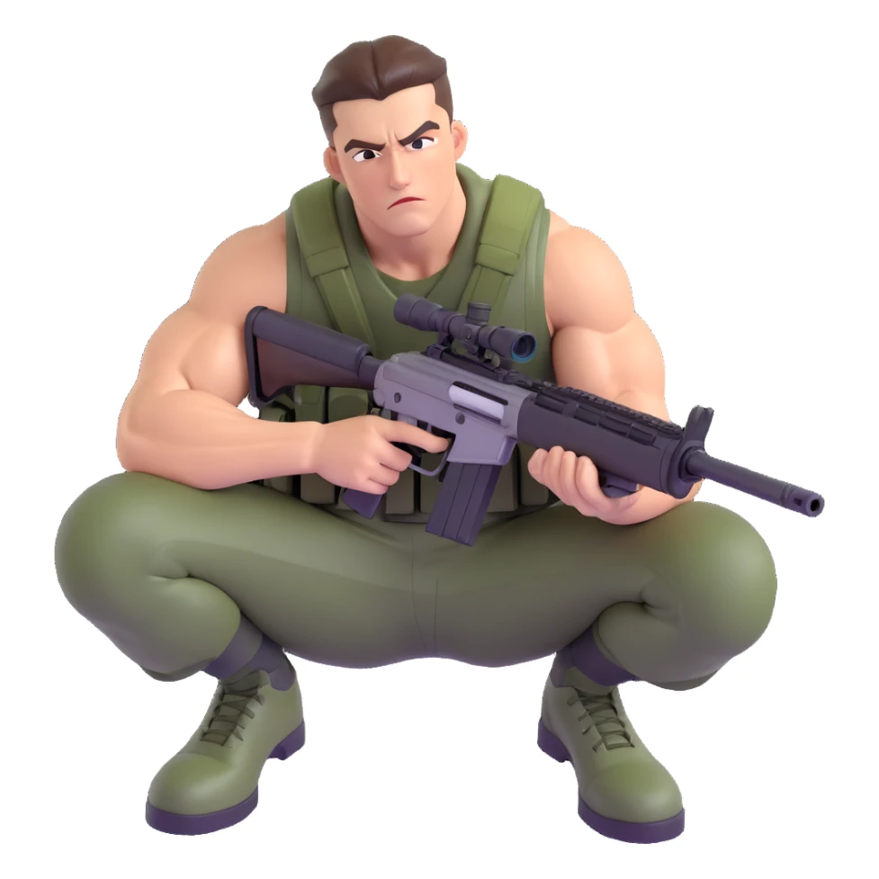muscular soldier with slicked-back hair, crouched with a sniper rifle, intense expression sticker