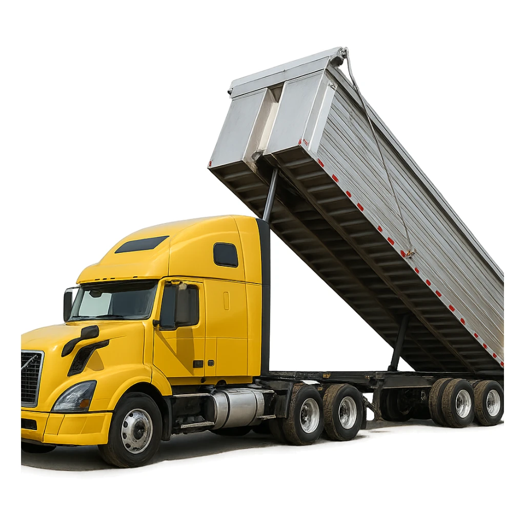 highly photorealistic Volvo yellow semi sleeper truck with a long silver end dump trailer in the raised dump position, detailed textures, realistic lighting sticker