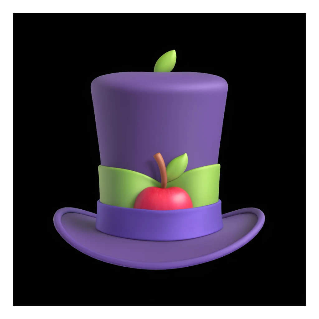 tall vintage-style purple top hat with smooth slightly glossy surface, wide brim, colorful satin ribbon wrapped around base, whimsical and elegant, inspired by Willy Wonka's iconic headwear, apple-style cartoon finish, soft shadows, clean white background sticker
