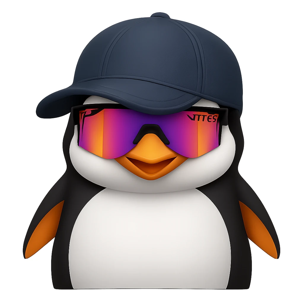 Add Pit Viper style sunglasses to the happy penguin with a baseball cap. Remove the background. Maintain the original style and look of the penguin. sticker