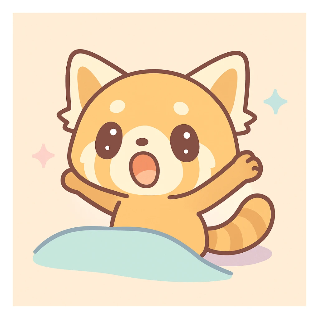 Aggretsuko red panda stretching and yawning morning sunlight, kawaii style sticker