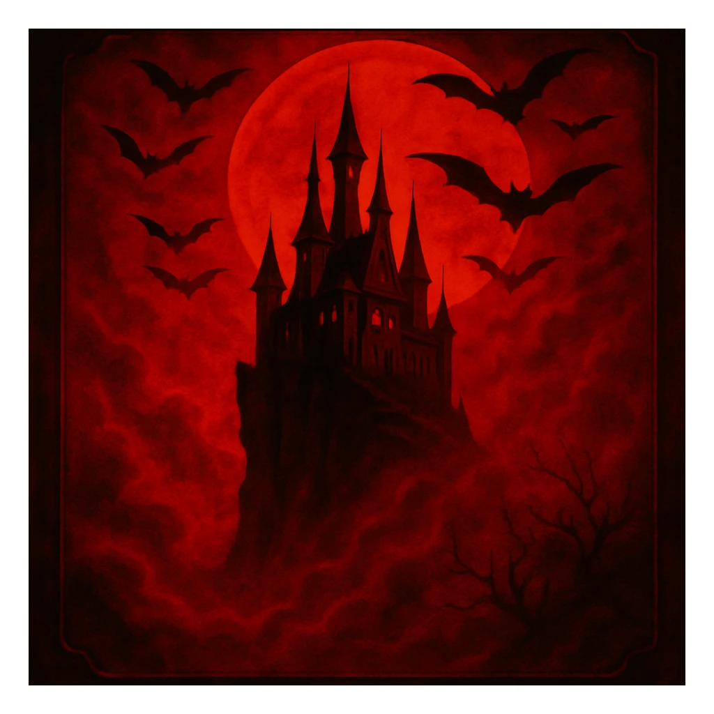 Change the color scheme to red and black with intense red fog and mist, creating an overall red horror palette. Keep all other details unchanged. sticker