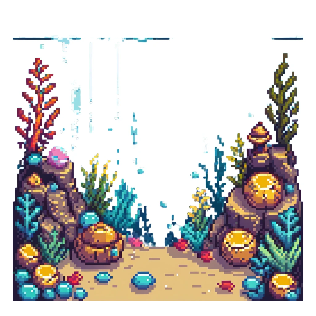 underwater level with bubbles, seaweed, and treasure in pixel art style sticker