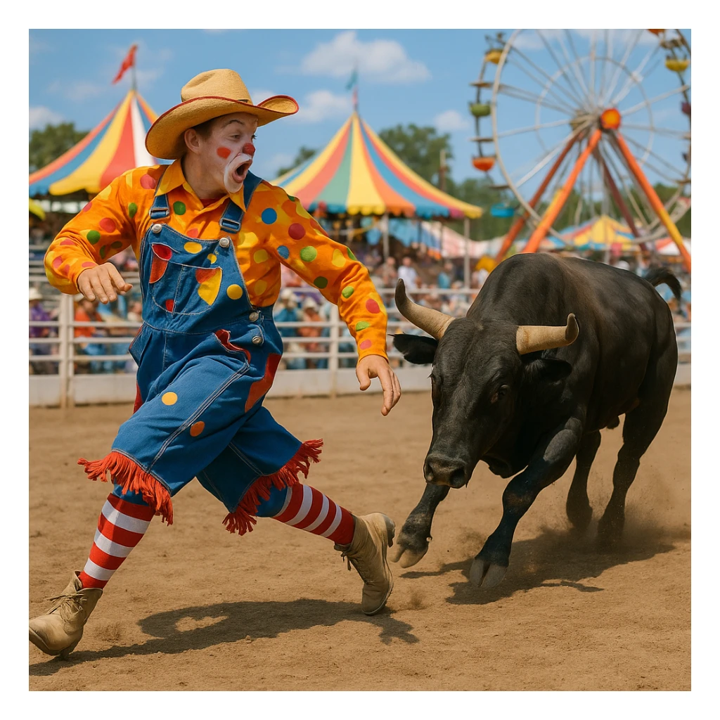 rodeo clown dodging a bull, colorful outfit, lively action, western fairground sticker