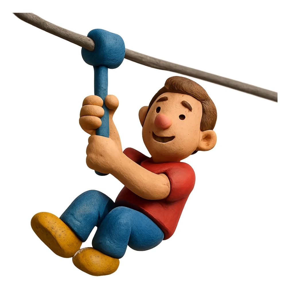claymation style man riding on a zip line sticker