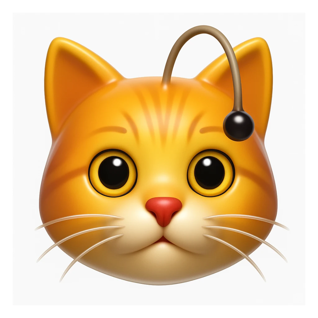 Make a cat face emoji that looks exactly like the reference image, in iOS emoji style. 3D, shiny, smooth gradients, soft shadows, realistic cat face, classic emoji look. Add a glossy effect to the fur. sticker